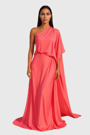 Asymmetric Shoulder Draped Gown In Salmon