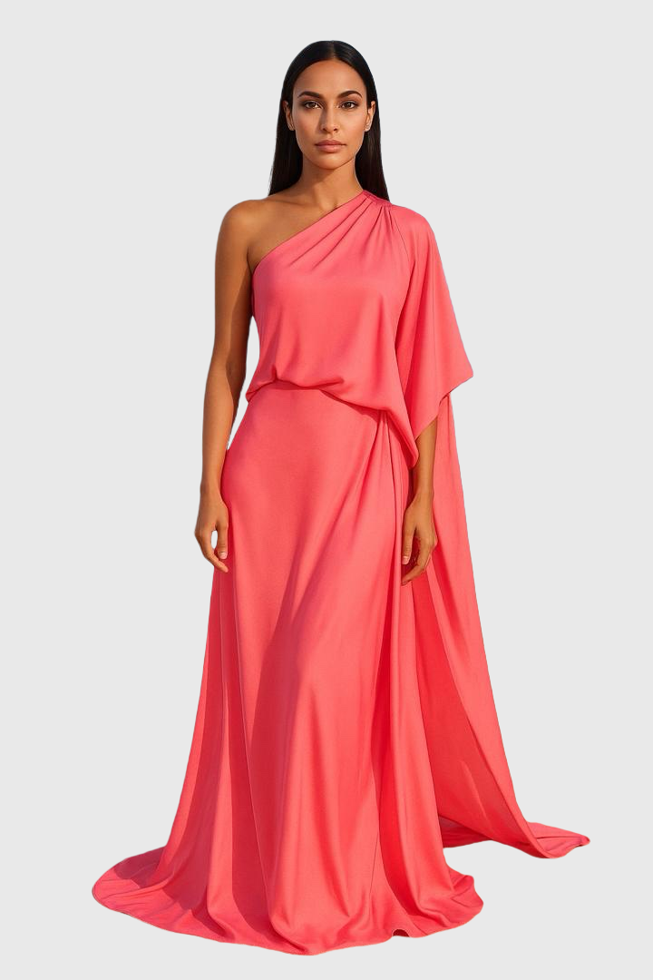 Asymmetric Shoulder Draped Gown In Salmon
