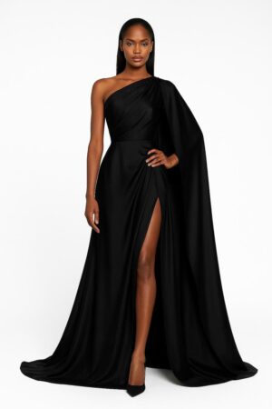 Asymmetric Shoulder Draped Gown With Thigh Slit