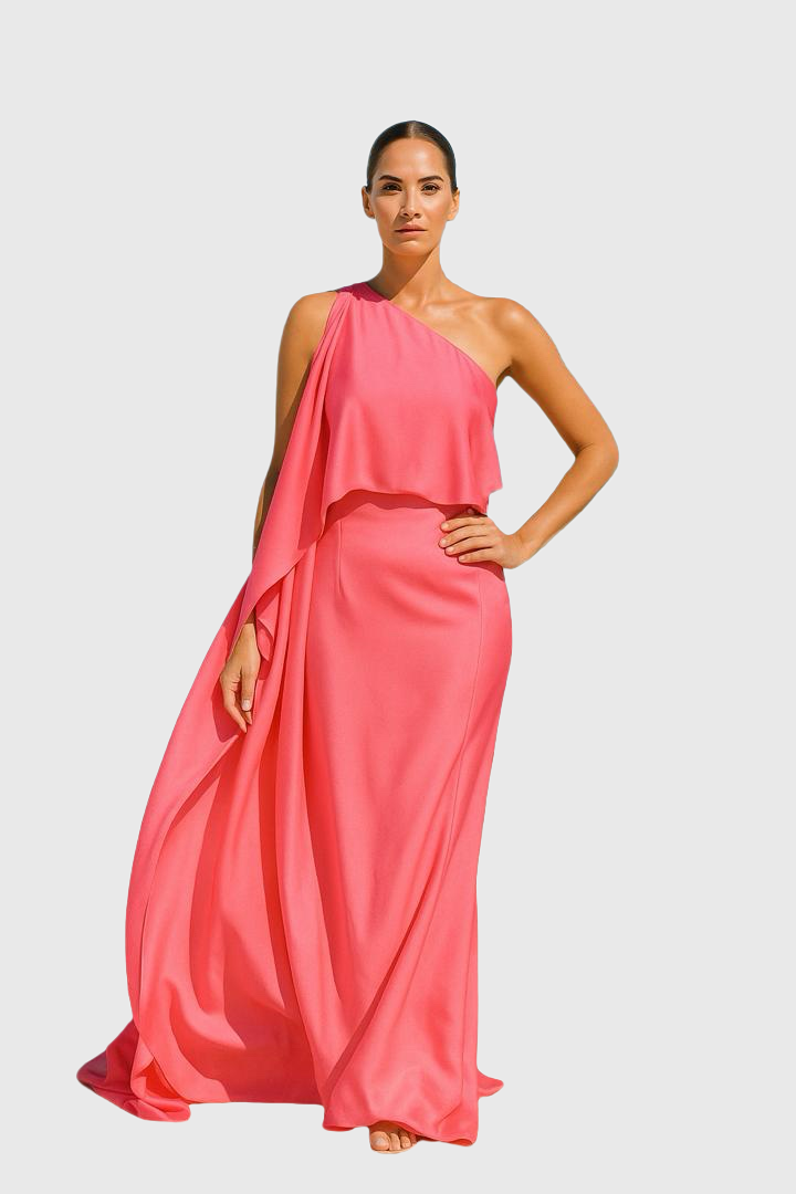 Asymmetric Shoulder Cape Gown