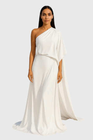 Asymmetric Shoulder Draped Gown In Off-White