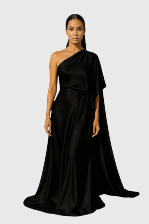 Asymmetric Shoulder Draped Gown In Black